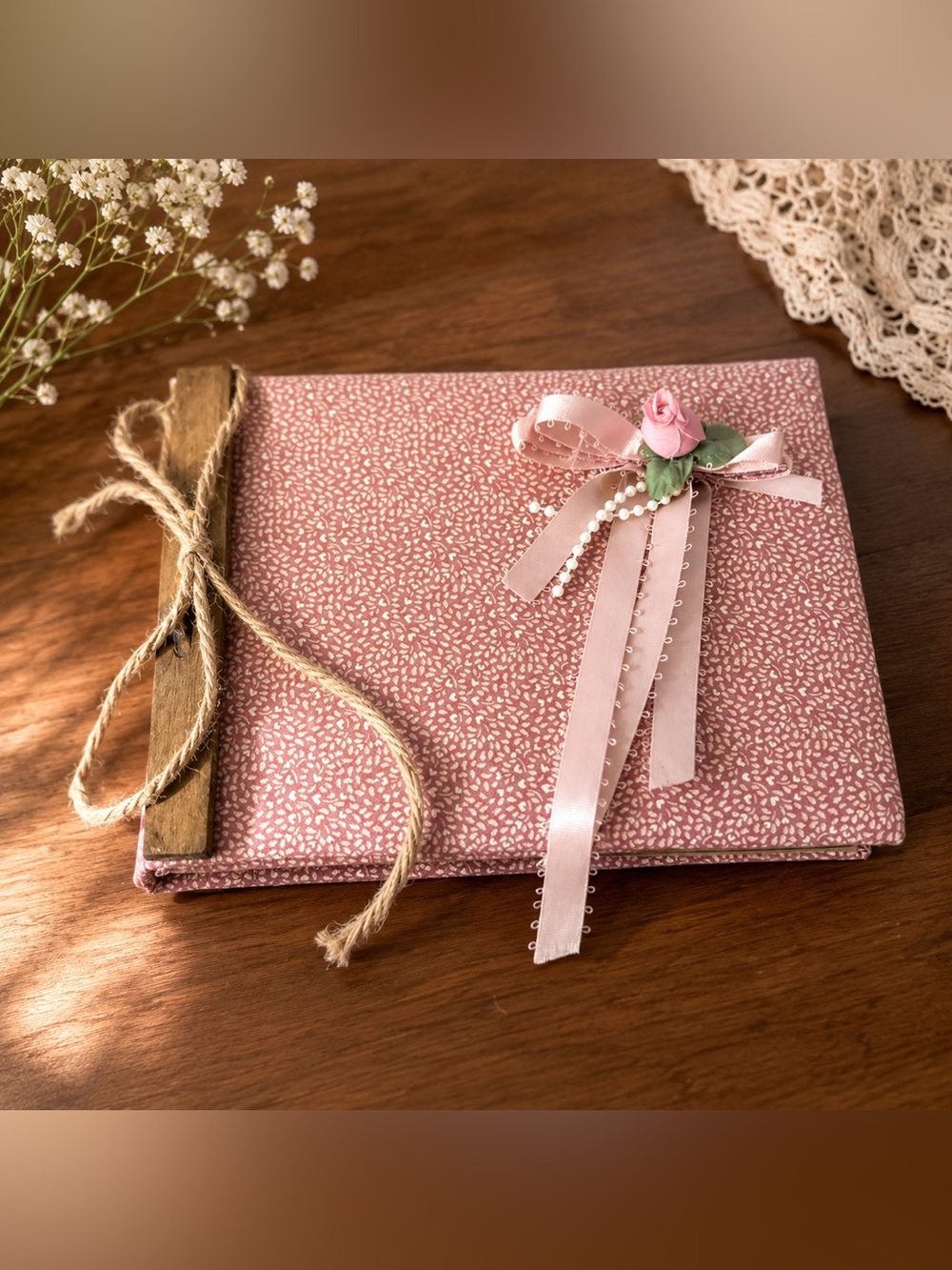Handmade Pink Fabric Scrapbook Photo Album Memory Book Rustic Wood Spine